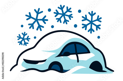 Snow-Covered Car Art. Car under snowflakes. Minimal close-up of a vehicle?s outline buried in snow, with