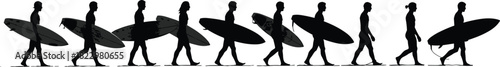 Group of surfers walking with surfboards, beach lifestyle, ocean adventure, summer vacation, silhouette people, surfing team heading to waves, freedom, fun