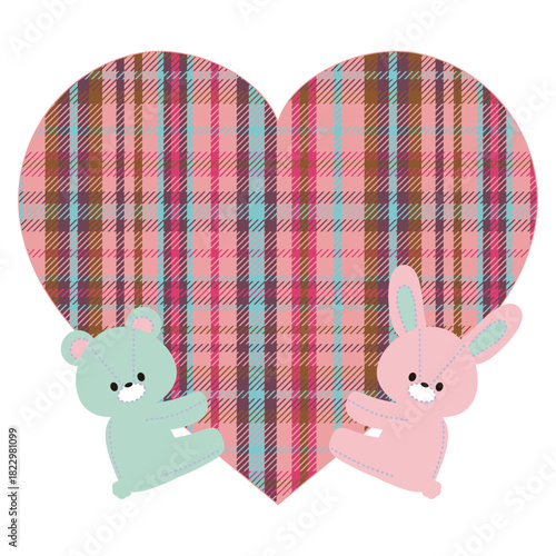 タータンチェックのハートを抱えるうさぎとくまのぬいぐるみのイラスト