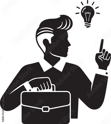 Businessman with briefcase has a bright idea and points upwards