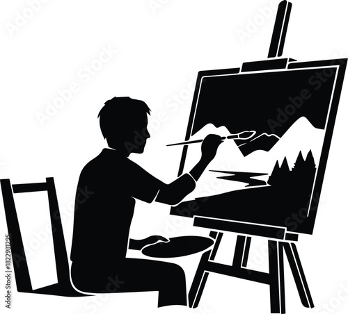 Artist painting a landscape on an easel in silhouette