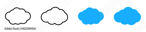 Cloud icons set : cloud icons in outline and solid blue styles, representing weather, sky, or digital storage, weather apps, UI elements, and clean minimal designs