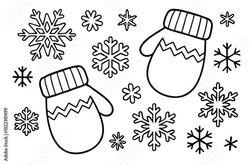 Snowflakes and Mittens. Snowflakes and mittens children?s coloring book illustration, outlined drawing,