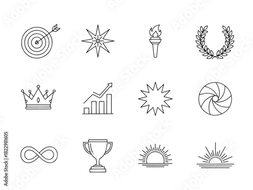 Symbolic goal outline icon set: arrow hitting target, starburst, torch flame, laurel wreath, crown, staircase upward, guiding star, spiral, infinity loop, trophy, sun rays, ripple
