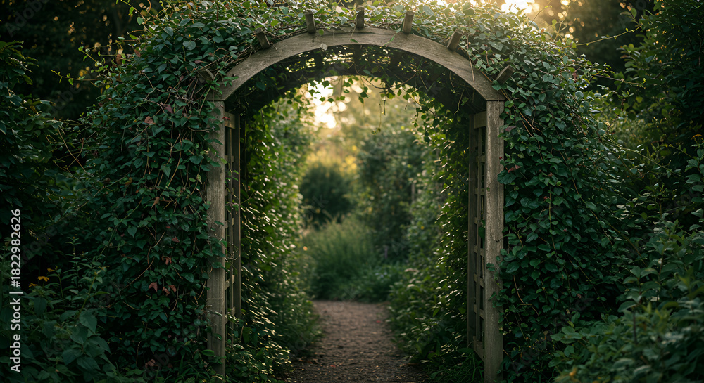 Obraz premium Romantic Garden Archway Covered in Green Vines, Secret Entrance to a Lush Park, Natural Arch of Ivy and Greenery, Sunlight Filtering Through a Garden Gate, Beautiful Botanical Structure.