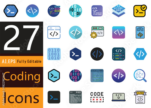 Flat Design Coding and Programming Icon Collection for Digital and Software Projects