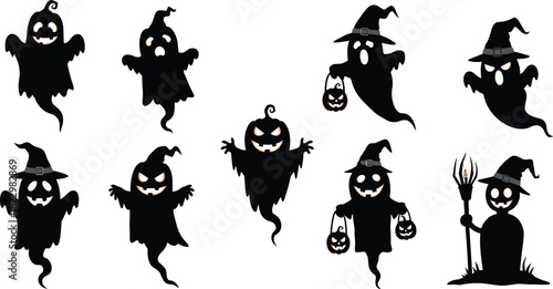Halloween ghost silhouettes, spooky characters with witch hats, jack-o’-lanterns, pitchfork, black and white, festive design, cartoon scary illustrationHalloween ghost silhouettes, spooky characte