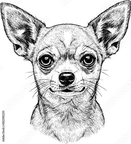 Engraving-Style Portrait of Chihuahua Breed Dog for Pet Food Package, Pet Store Websites, Dog Breed Guides, and Veterinary Clinic Marketing