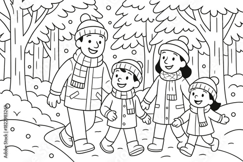 Snowy Forest Coloring Scene. Snowy forest stroll children?s coloring book illustration, outlined drawing,