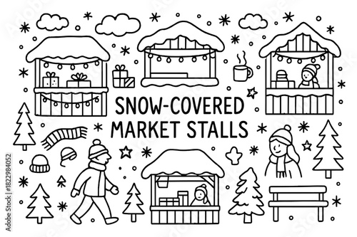 Snowy Market Sketch. Snow-covered market stalls. Hand-drawn doodle illustration of Snow-covered market stalls.