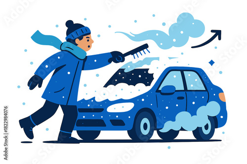 Snowy Morning Commute. Winter morning commute. A driver brushing snow off their car as soft flakes continue to
