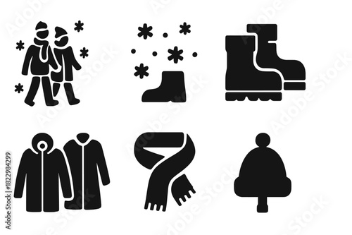 Snowy Outing Icons. Snowy outing. Filled icon set of snowy outing: couple walking, snow falling, boots, winter