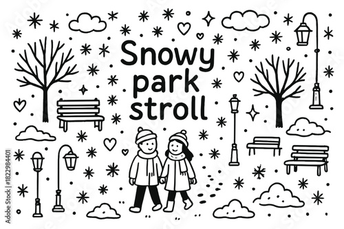 Snowy Park Stroll. Snowy park stroll. Hand-drawn doodle illustration of Snowy park stroll. couple, trees,