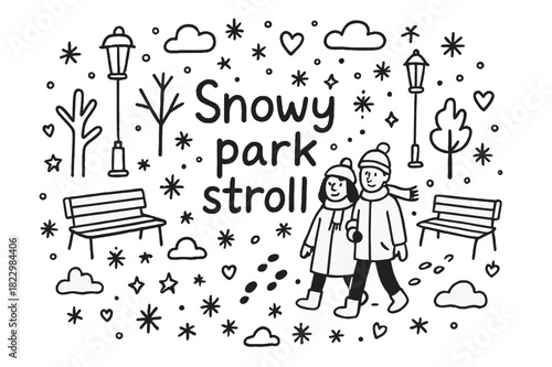 Snowy Park Stroll. Snowy park stroll. Hand-drawn doodle illustration of Snowy park stroll. couple, trees,