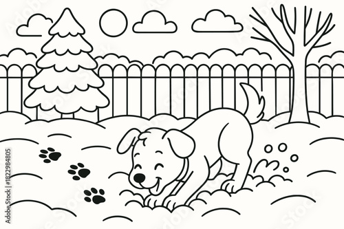 Snowy Playtime Coloring Page. Snowy backyard fun children?s coloring book illustration, outlined drawing, dog