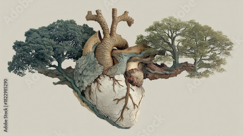 Artistic representation of a human heart intertwined with trees, symbolizing life, nature, and interconnectedness, perfect for health, environment, and wellness concepts.