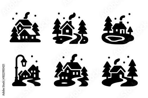 Snowy Settlement Icons. Snowy settlement. Filled icon set of snowy settlement: houses, chimneys, smoke,