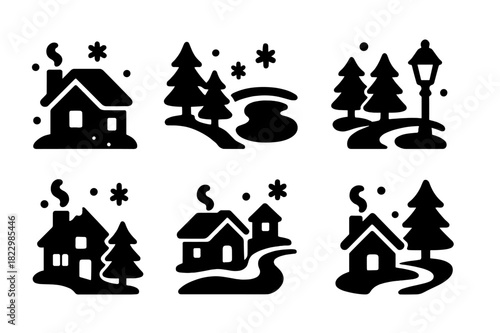 Snowy Settlement Icons. Snowy settlement. Filled icon set of snowy settlement: houses, chimneys, smoke,
