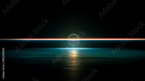 Abstract digital art of a glowing ring and a horizontal line above a reflective surface, creating a minimalist and futuristic aesthetic, perfect for backgrounds and modern designs.