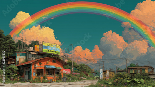 Vibrant illustration of a colorful rainbow arching over a quaint village nestled amidst lush greenery and fluffy clouds, evoking a sense of peace and tranquility, perfect for travel, nature
