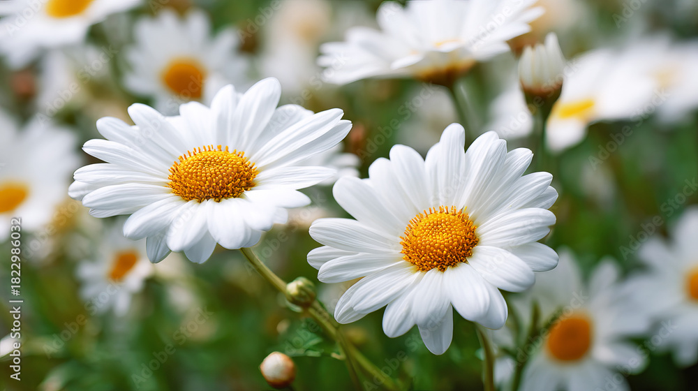 Fototapeta premium Vivid White Daisy Flowers Against a Green Garden Background