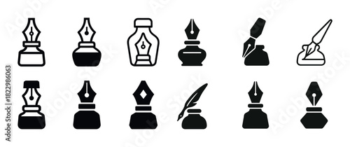 Vintage ink bottle and pen nib icons set in black and white