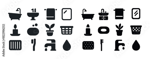 Bathroom icon set: bathtub, sink, towel, mirror, plant, basket, candle