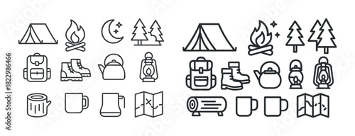 Camping icons: tents, campfire, moon, trees, backpack, lantern, boots, kettle, mug