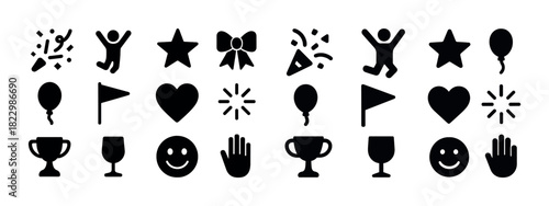 Icons of celebration and joy: stars, balloons, hearts, and awards