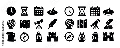 Black silhouette icons of time and exploration: clock, hourglass, calendar, globe, map, telescope