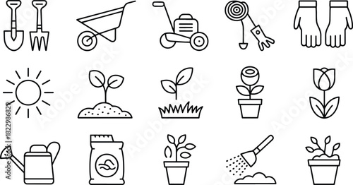 Gardening Icons Set in Black and White Outline