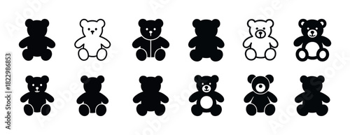 Various black and white teddy bear icon set