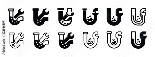 Pipe and wrench symbols in diverse styles and colors