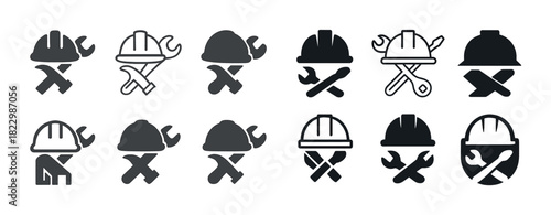 Set of twelve construction icons with hard hats and tools in black and white design