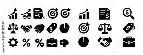Business and finance icons: bar graphs, handshakes, pie charts, scales, documents, percentages