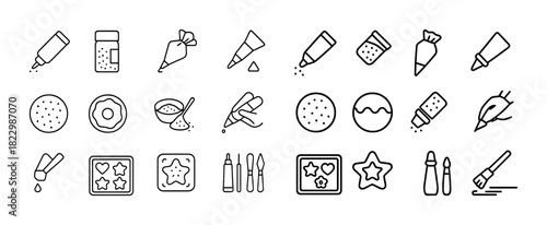 Cookie decorating icons set: piping bags, frosting, sprinkles, tools, biscuits