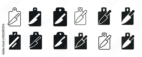 Knife and cutting board icons: black and white minimalist kitchen set