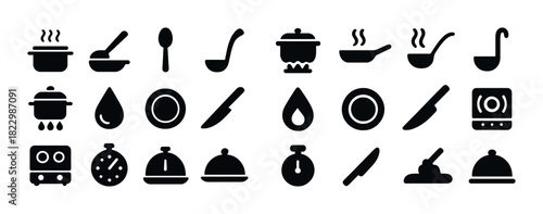 Cooking utensils and kitchen icons set with pots, pans, knives, and timers