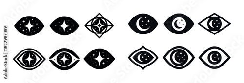 Set of geometric cosmic moon and star icons in various shapes