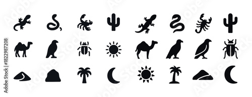 Desert icons: cactus, camel, vulture, sun, moon, reptiles, sand, insects