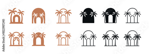Minimalist palm tree arch designs in neutral and black tones