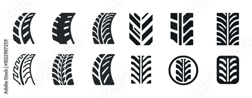 Variety of tire tread patterns in black icons set