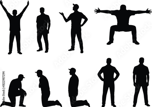 Silhouette gestures, expressive poses, body language, kneeling figure, standing man, celebration stance, squatting pose, emotional posture, black outline, gesture study