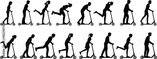 Silhouette of diverse people riding kick scooters, motion, balance, urban mobility, lifestyle, transportation, activity, energy, youth, freedom