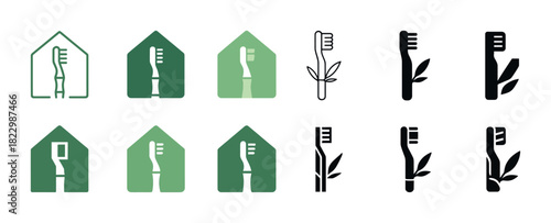 Eco-friendly toothbrush icon set with leaf design in various green and black styles