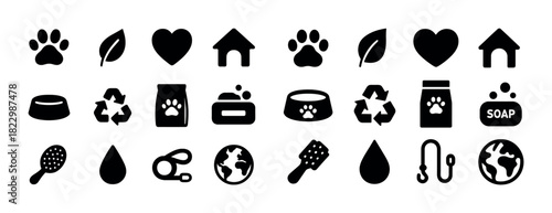 Pet care icons: paws, leaves, hearts, homes, bowls, recycle, soap, leash, globe