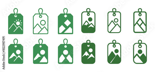 Set of green luggage tag icons with mountain landscape designs