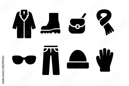 Street Style Icons. Street style winter. Filled icon set of street style winter: oversized coat, chunky boots,