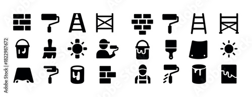 Construction and painting icons: tools, workers, and objects in simple black silhouettes