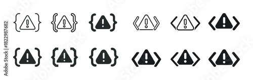 Set of code warning icons in different styles showing alert symbols